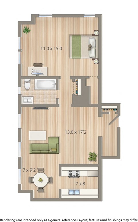 Floor plan for 1 bed, 1 bath, 689 sqft
